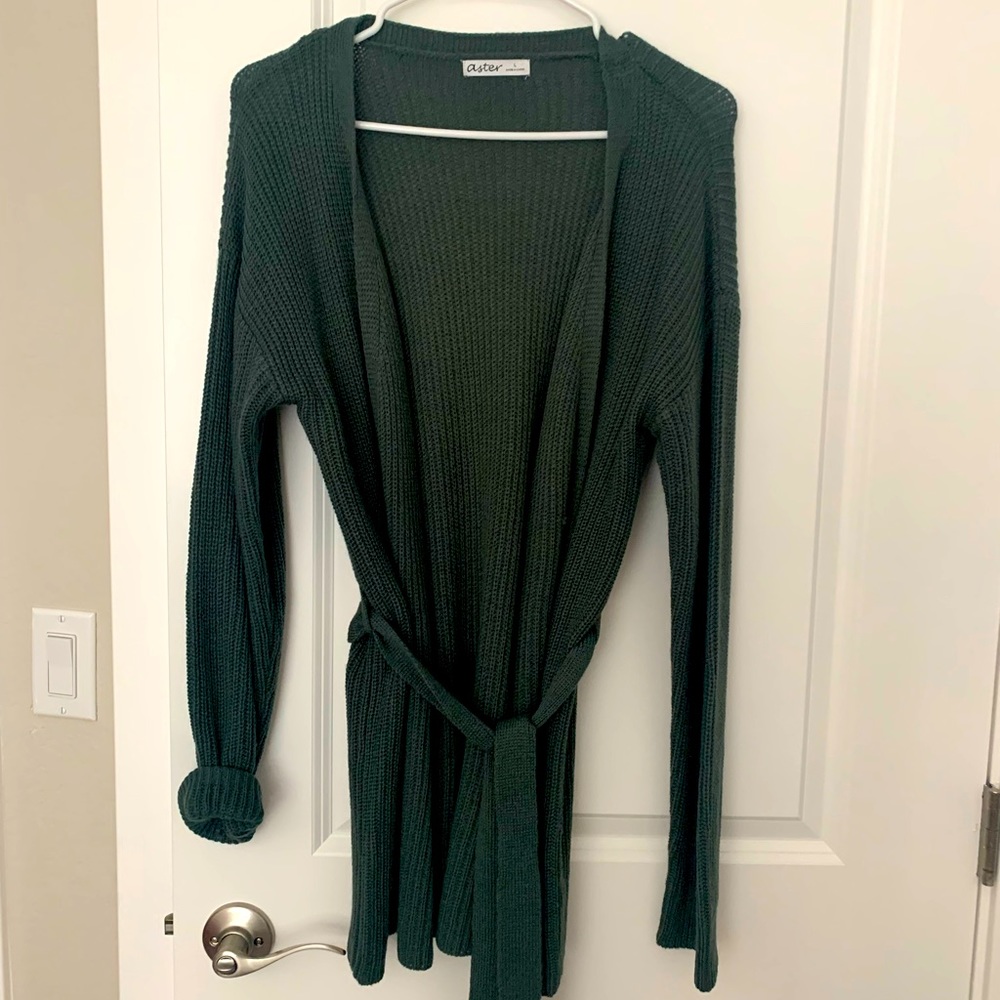 Dark green sweater jacket with front wrap tie— super comfortable, warm, and long